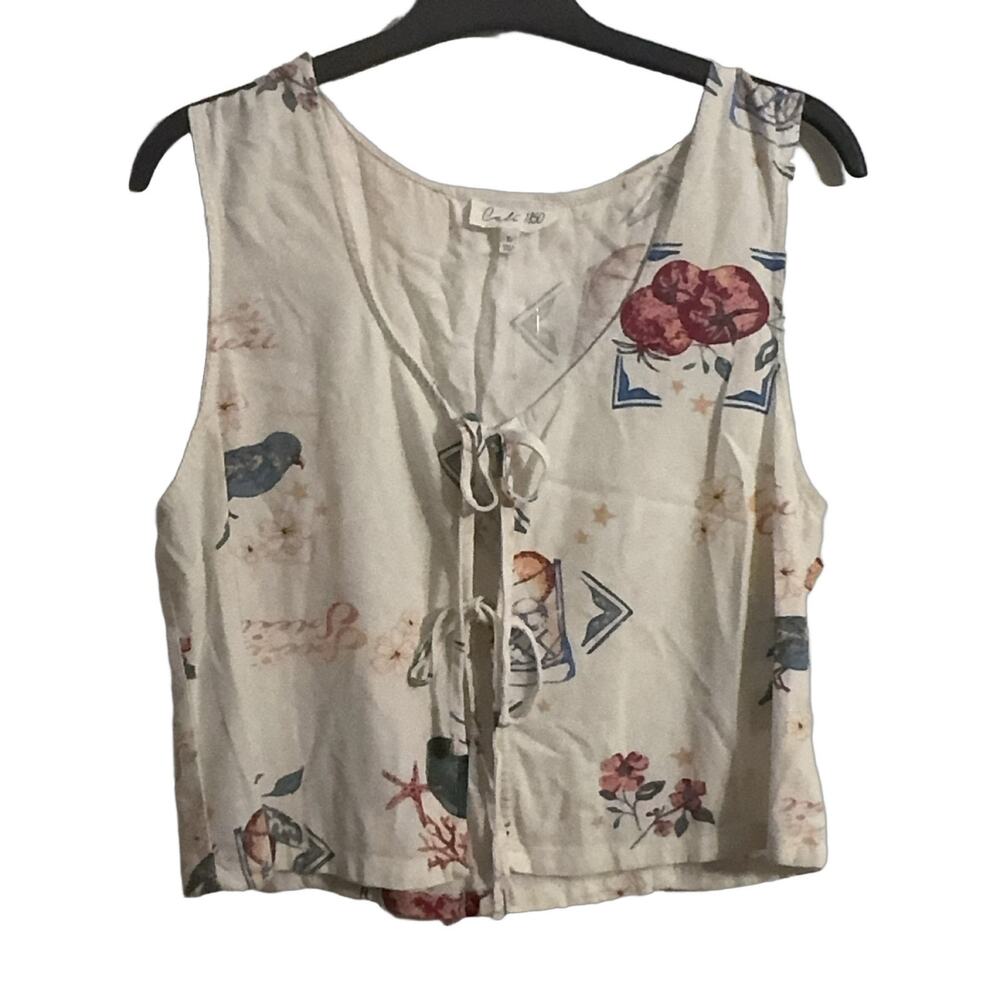 Cali 1850 Floral Vest Top Sz L Linen Blend Tie Front Pocket Spring Summer Resort